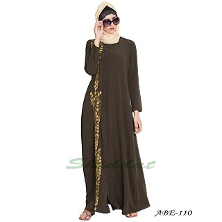 Front open embroidered abaya- Olive Green